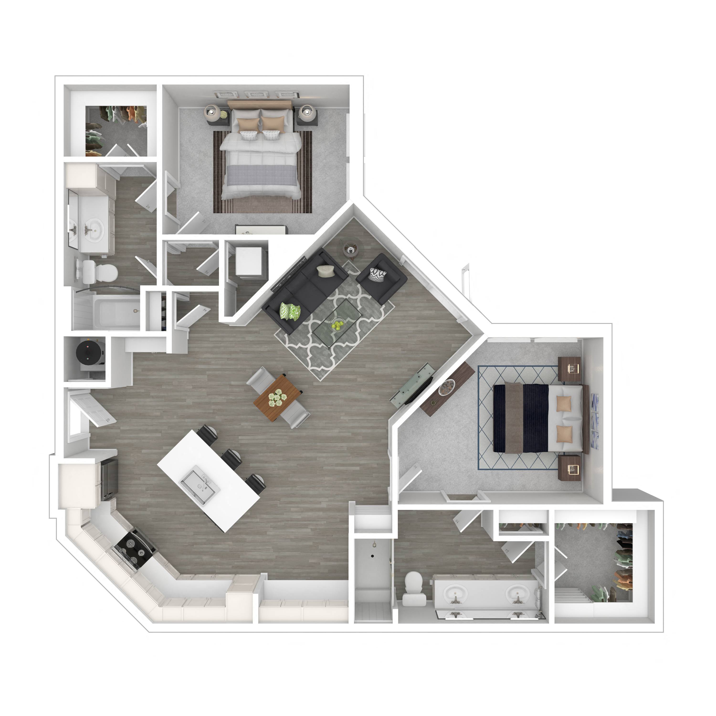 Floor plan for 2 beds, 2 baths, 1270 sqft